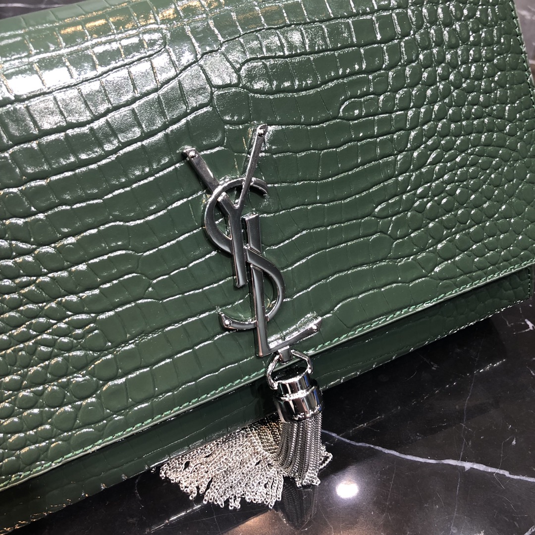 Saint Laurent Kate Tassel Medium Crocodile Embossed Calfskin Shoulder Bag Army Green 354119 Silver